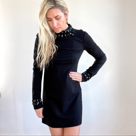 Trina Turk Black Jeweled Neck Long Sleeve Dress size 4 - Picture 1 of 11